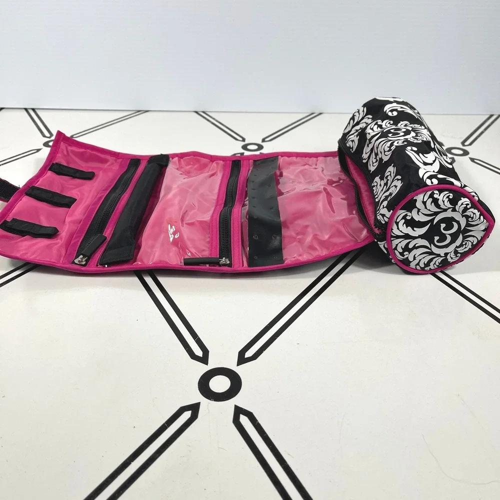 Jewelry Travel Organizer Roll Up‎ Bag On a Roll Damask Pink